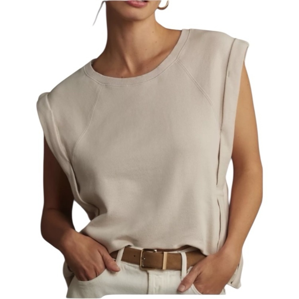 Anthropologie Sleeveless Muscle Sweatshirt Accents Tan Cream EUC S-M oversized